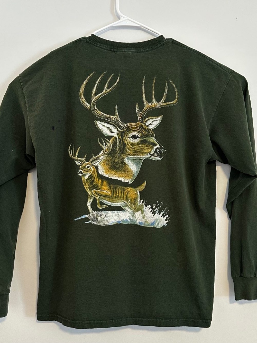 Outback American Deer Animal Graphic Print T-Shirt XL Green Y2K Long Sleeve